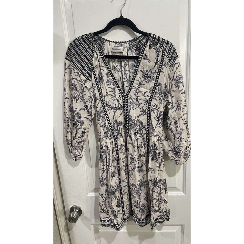 Magali Pascal Bali Black Floral Print Lattice Trim Mini Dress Size Small - M
